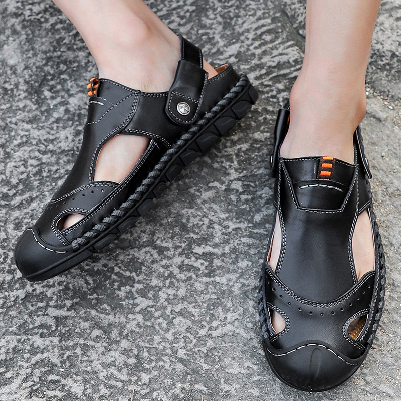 亚马逊爆款透气真皮凉拖沙滩鞋复古大码跨境45 46百塔休闲男鞋|ru