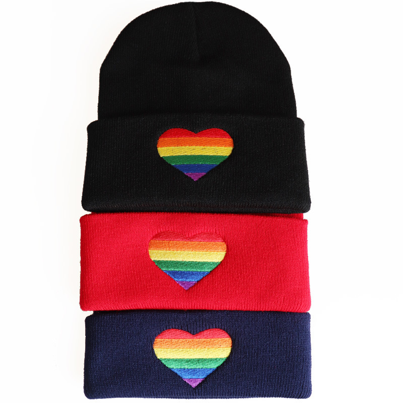 Simple Style Style Crimping Rim Unisex Simple Style Rainbow Heart Shape Embroidery Crimping Wool Cap