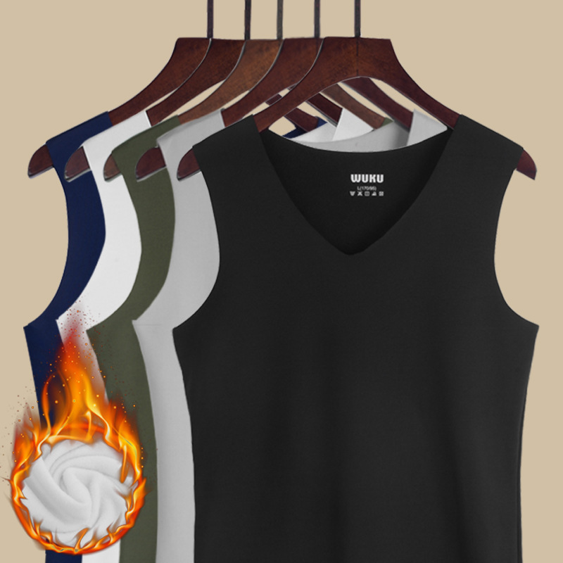 6#男士無痕加絨背心秋冬季透氣緊身寬肩V領打底衫廠家直銷