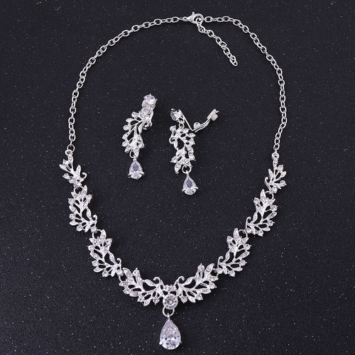 C1012 Korean wedding accessories set alloy leaf set with rhinestone zircon bridal necklace and earrings two-piece set
