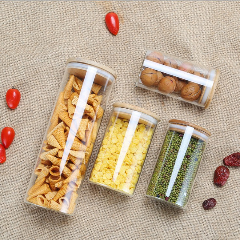 Directo de fábrica de alta vidrio de borosilicato sellado frasco botella vacía cubierta de bambú tarro de té tarro de almacenamiento de vidrio transparente