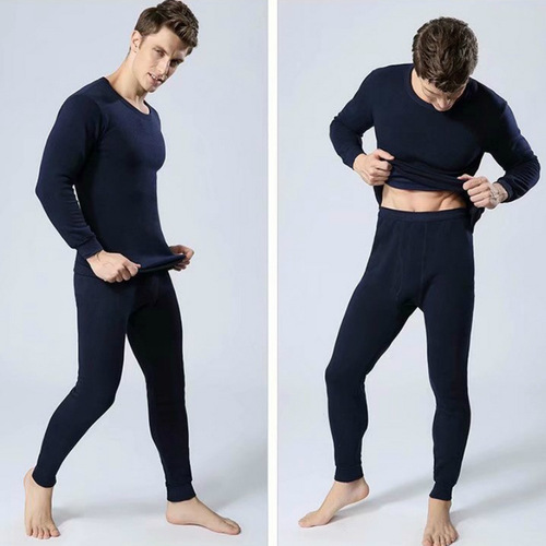 Thermal underwear set for men, solid color bottoming shirt, round neck autumn coat, long trousers, velvet and thickened youth winter trousers