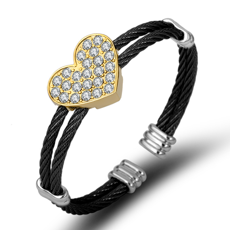 Vacuum Plating Gold Plating Process 18K Real Gold Plated Plating Material Rhinestones Inlay Material Bangle Classification Simple Style Heart Shape Stainless Steel Rhinestones Bangle In Bulk