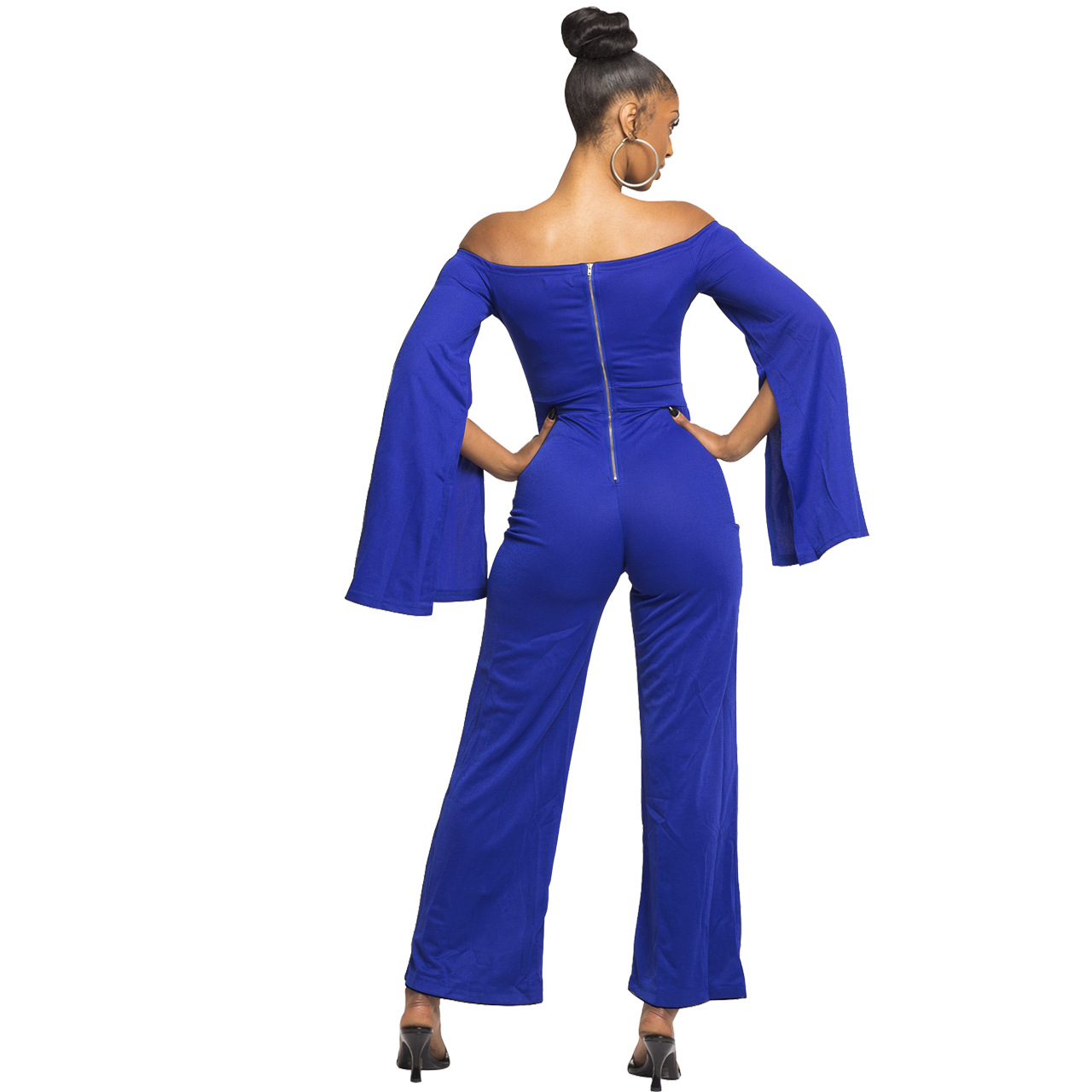 Boutique Casual Solid Color Long Sleeves Cropped off Shoulder Jumpsuit