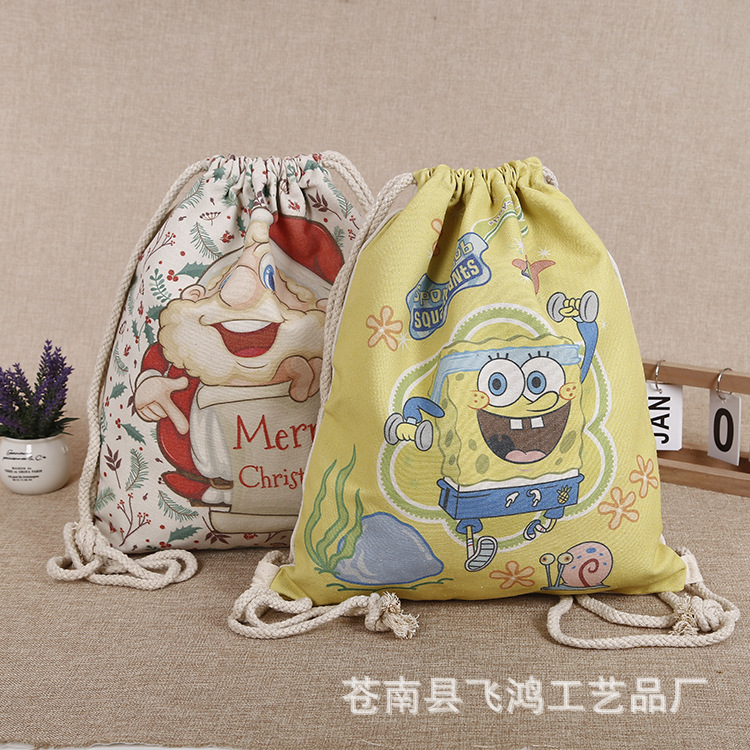 卡通印花 束口帆布袋定做 抽绳棉布背包袋定制 可印logo