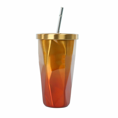 New gradient color cup, diamond-shaped thermos cup, stainless steel double-layer water cup with straw, advertising gift water cup