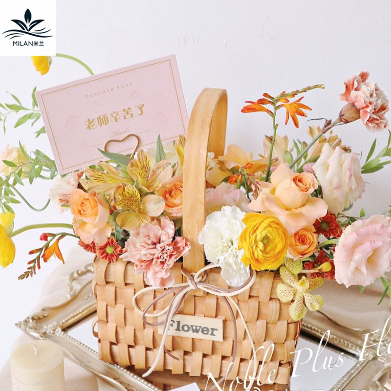 Cesta de flores de madera tejida a mano pequeña pieza de madera rectangular cesta de flores portátil flor floral arreglo floral cesta suculenta planta cesta de flores