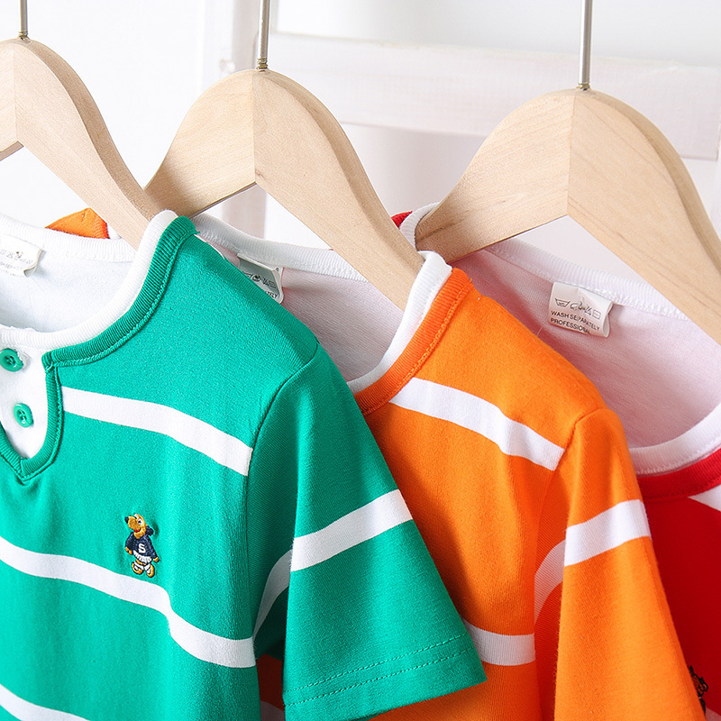 Balabby Boys Short-Sleeved T-Shirt Girls New Children's Summer Clothes Medium and Large Children Pure Cotton Striped Double Collar Round Neck Polo