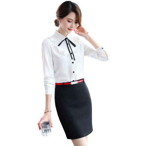 Lotus Leaf Edge Long-Sleeve Shirt with Korean Style Bow Ties and Adjustable Bands, Stylish and Versatile Office Lady Fashion Top, Item No. 6829