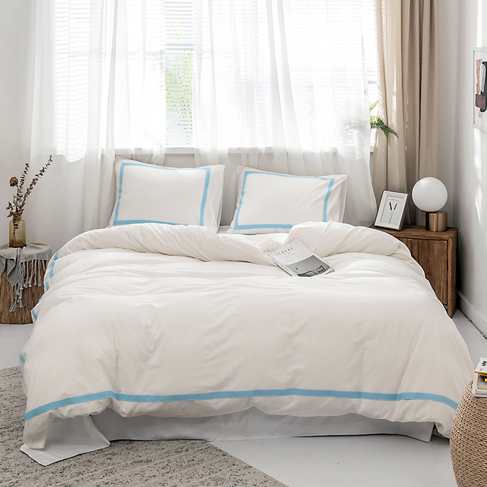 跨境家纺三件套外贸亚马逊纯色水洗纯棉缎带床上用品被套套件