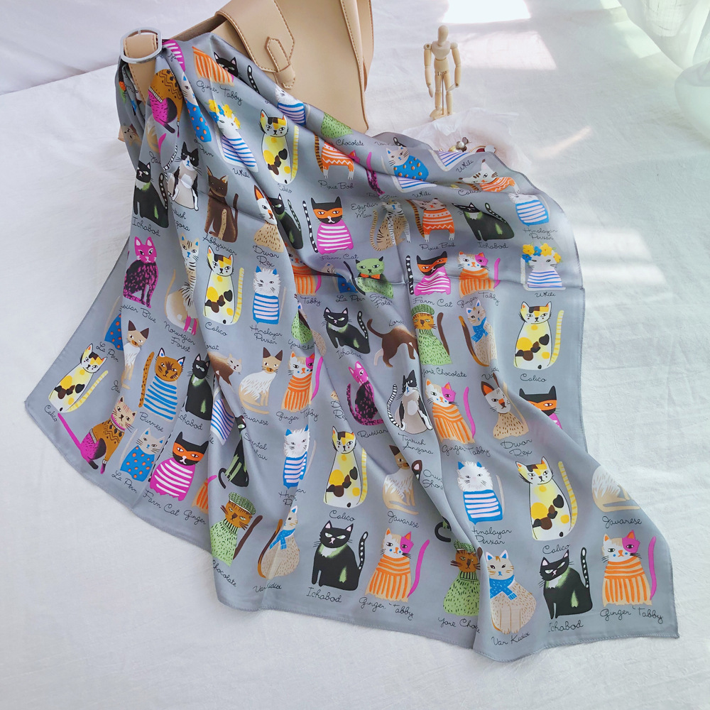 Spring, Autumn, Autumn&Winter Season Women'S Gender Women'S Sweet Korean Style Cat Satin Printing Silk Scarf