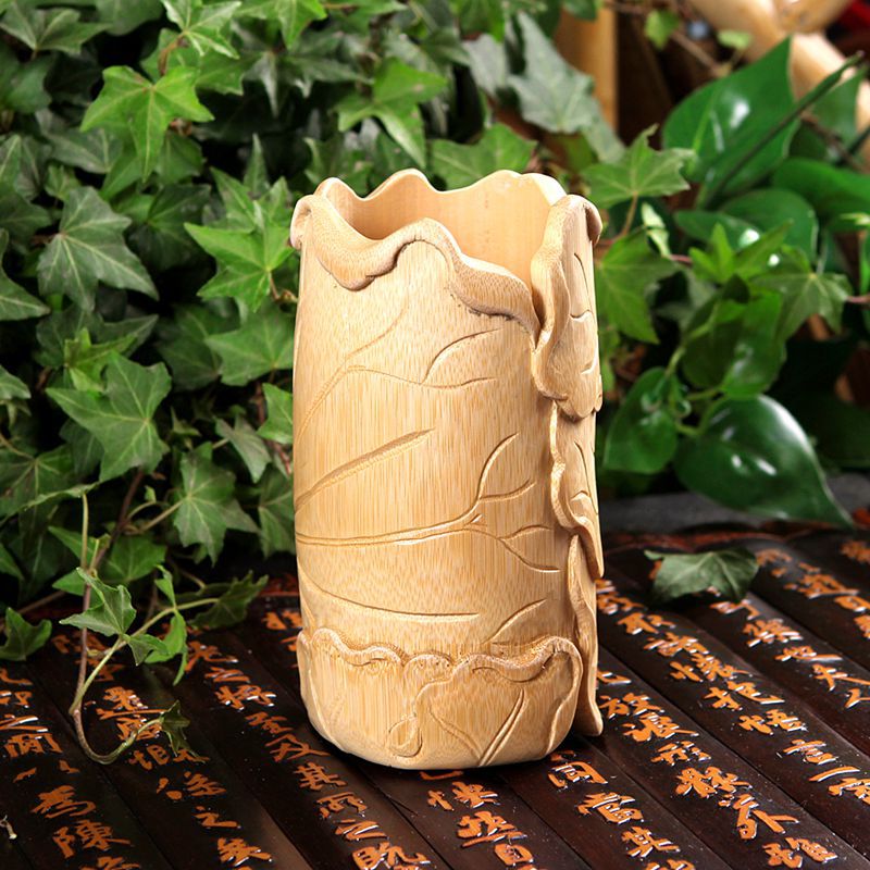 优质供应时尚高档原竹浮雕荷叶笔筒 巧妙做工精致竹制笔筒7.5*12|ru