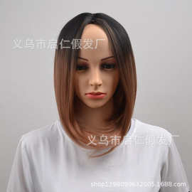 亚马逊热卖欧美假发 女士中分短发 黑棕渐变短卷发 厂家现货 wigs