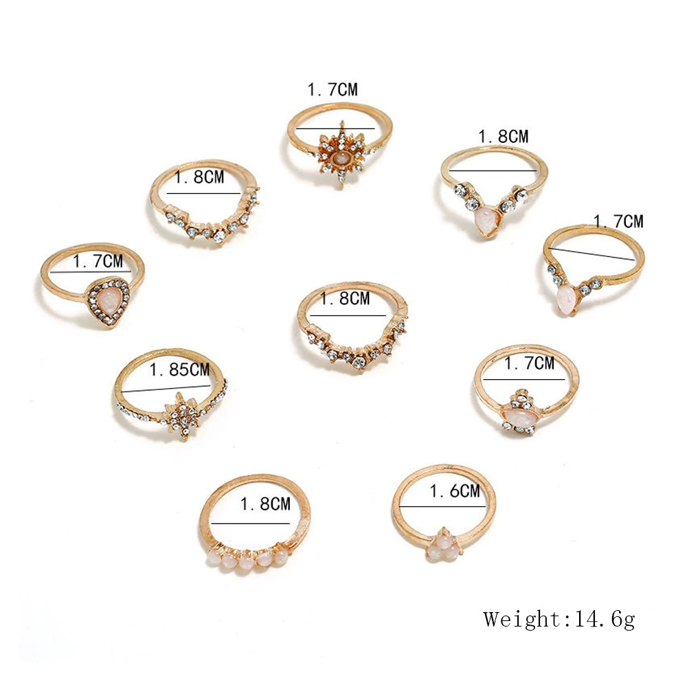 Ethnic Retro Drop-Shaped Ring Set, Alloy with Diamond Accents, Gold, Sizes 1.6 & 1.8 cm