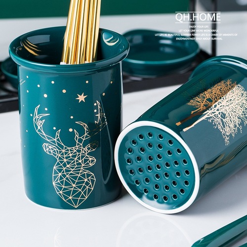 Nordic light luxury dark green chopstick tube large capacity three-tube drain chopstick holder chopstick cage knife, fork, spoon and chopstick storage box