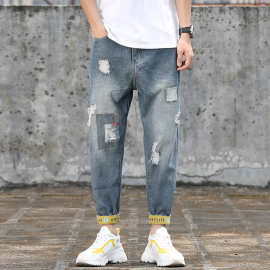 2020夏季男士牛仔裤韩版束脚潮牌破洞九分裤加肥大码潮流薄款小脚