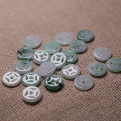 缅甸A货翡翠三彩冰种阳绿铜钱藕片DIY