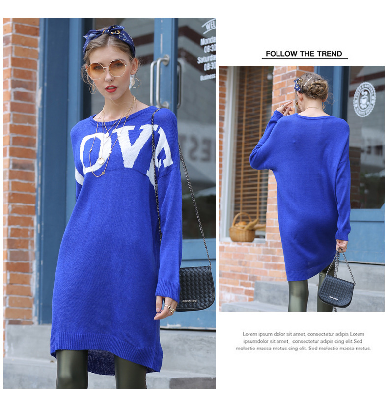 new round neck pullover sweet letter jacquard long knitted dress NSYH7465