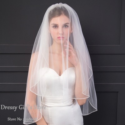 外贸新娘发梳头纱短款两层条钻面纱钉珠结婚头饰婚纱配件亚马逊|ms