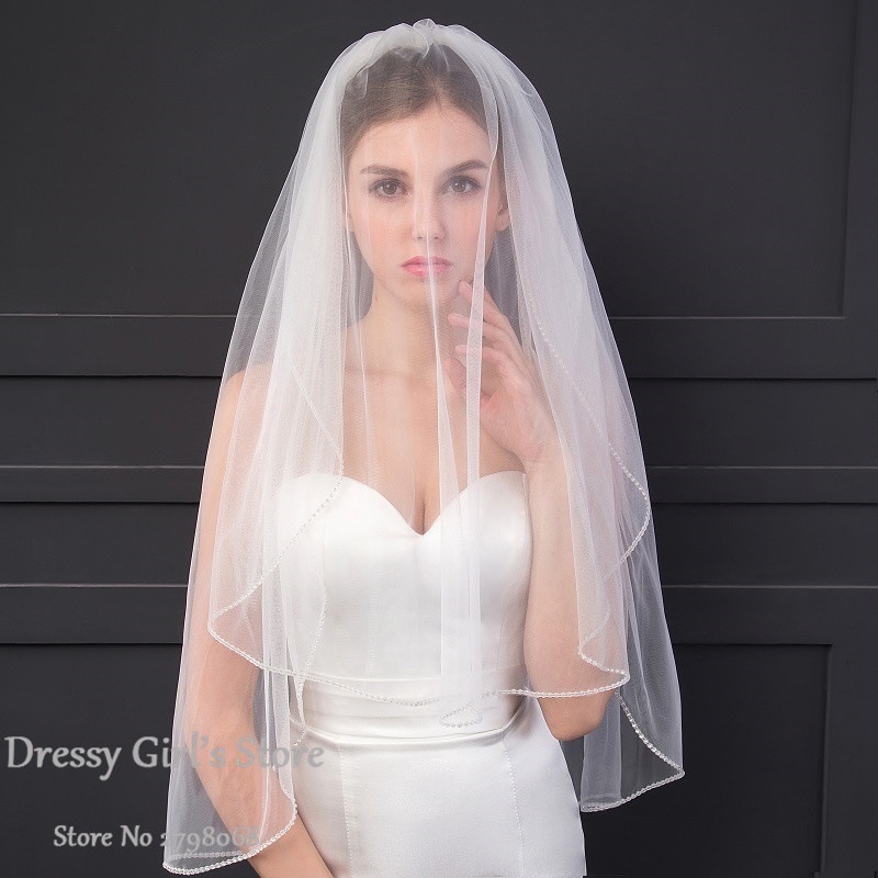 外贸新娘发梳头纱短款两层条钻面纱钉珠结婚头饰婚纱配件亚马逊|ms