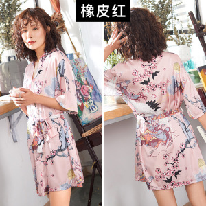 春夏和服睡衣女式印花薄款性感睡袍批发仿真丝中袖开衫居家服