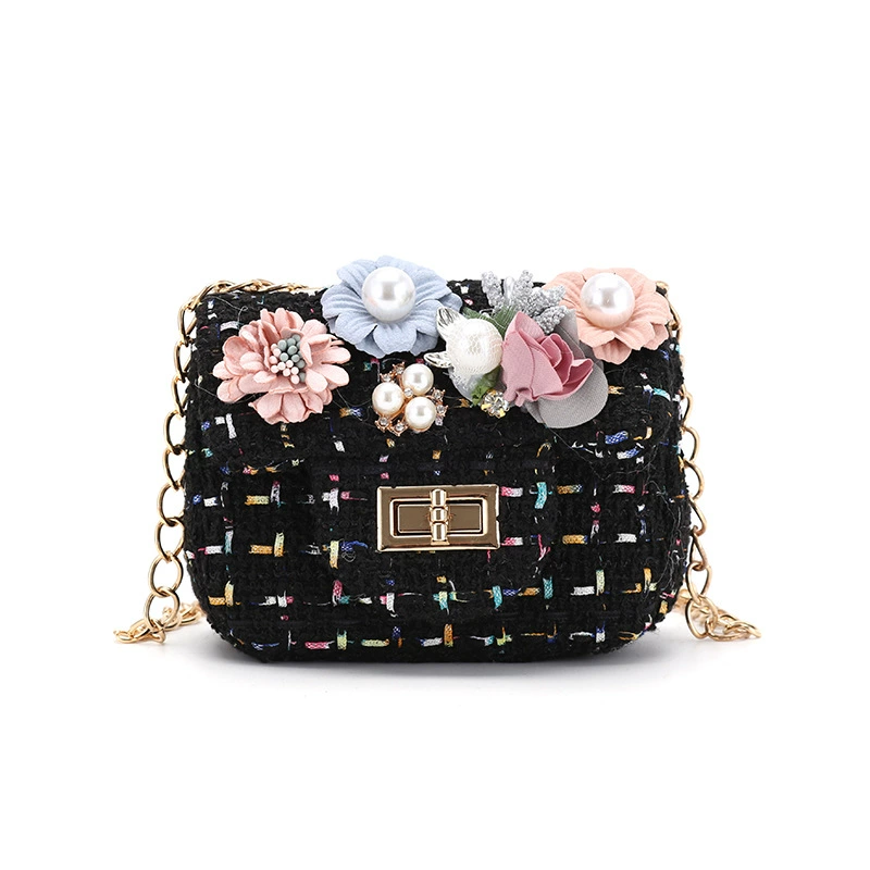 Children's One-Shoulder Bag, Small Tweed Floral Purse with Chain Strap, Cute Patterns