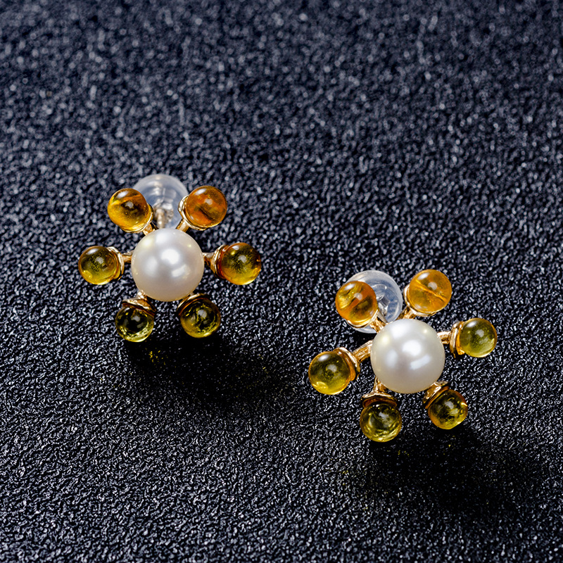 天然淡水珍珠925银首饰套装珠宝批发创意设计太阳花型耳环吊坠