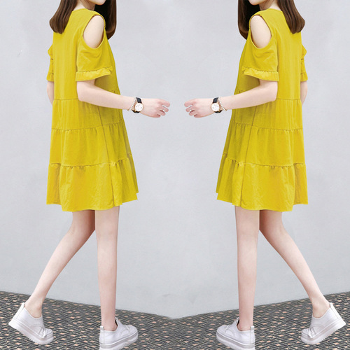 Wholesale New Women's Han Style Loose Plus Size Slimming Off-the-Shoulder Medium-Length A-Line Dress for Women, Dropshipping One Piece