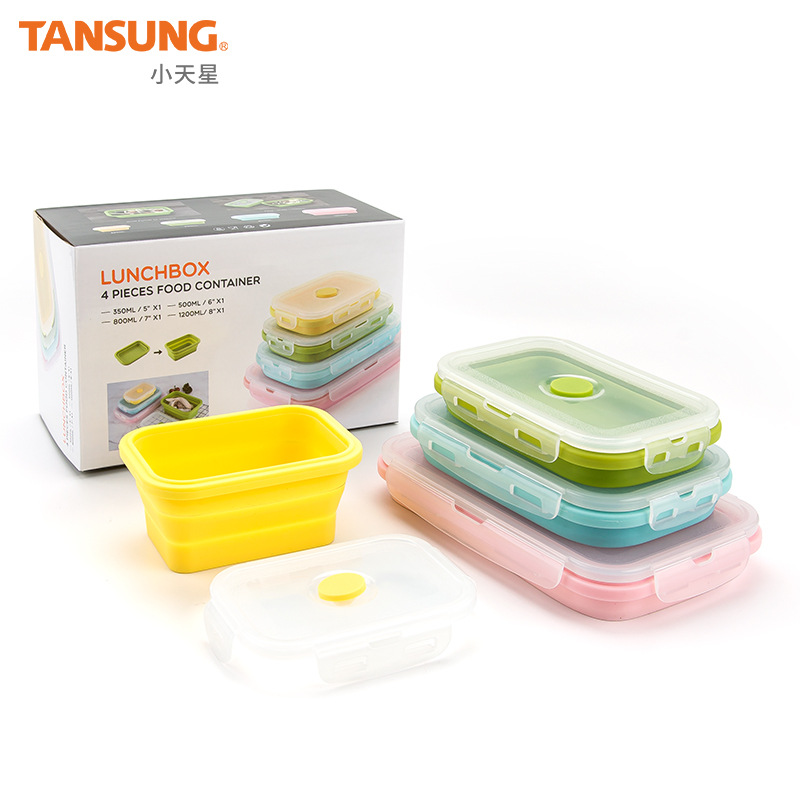 FDA折叠餐盒 折叠硅胶饭盒 微波炉便当盒 便携塑料午餐盒 四色