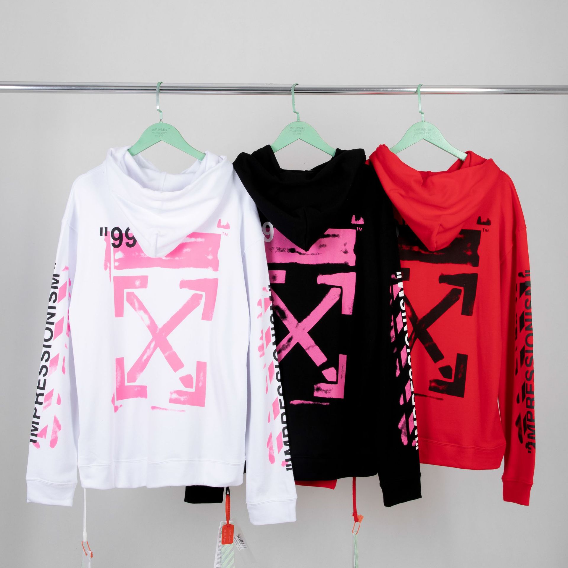 正确版本OFFOWWHITE高品质19春夏99做旧油漆男女同款纯棉连帽卫衣|ru