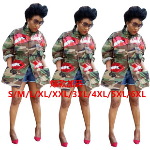 M5109 Cross-border Women's Clothing European and American Fashion Pocket Collar Camouflage Sequin Lip Camouflage Jacket Top