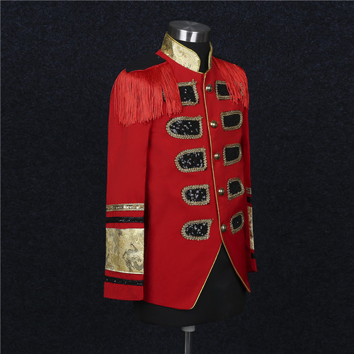 Men's red colored jazz dance coats singers stage performance European court Red general uniform host film drama cosplay Embroidered Epaulettes Stand Collar jackets