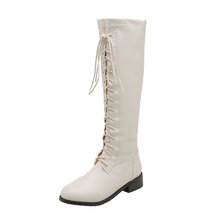 白色军靴英伦复古女士长靴秋冬新款前系带骑士靴平底低跟高筒靴女