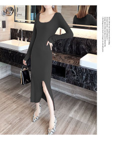 春装女2020新款洋气收腰显瘦开叉针织中长款毛衣女长袖连衣裙9715