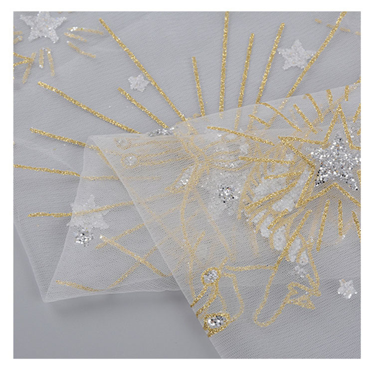 Suministro de stock de estrellas de la noche de la luna rociando oro sequinilla tela de malla hexagonal vestido de primavera hermosa tela de ropa de cara