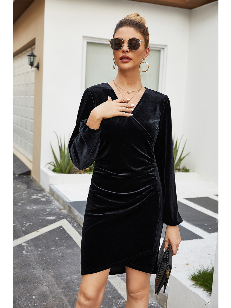 solid color long sleeves V-neck dress nihaostyles clothing wholesale NSAL91196