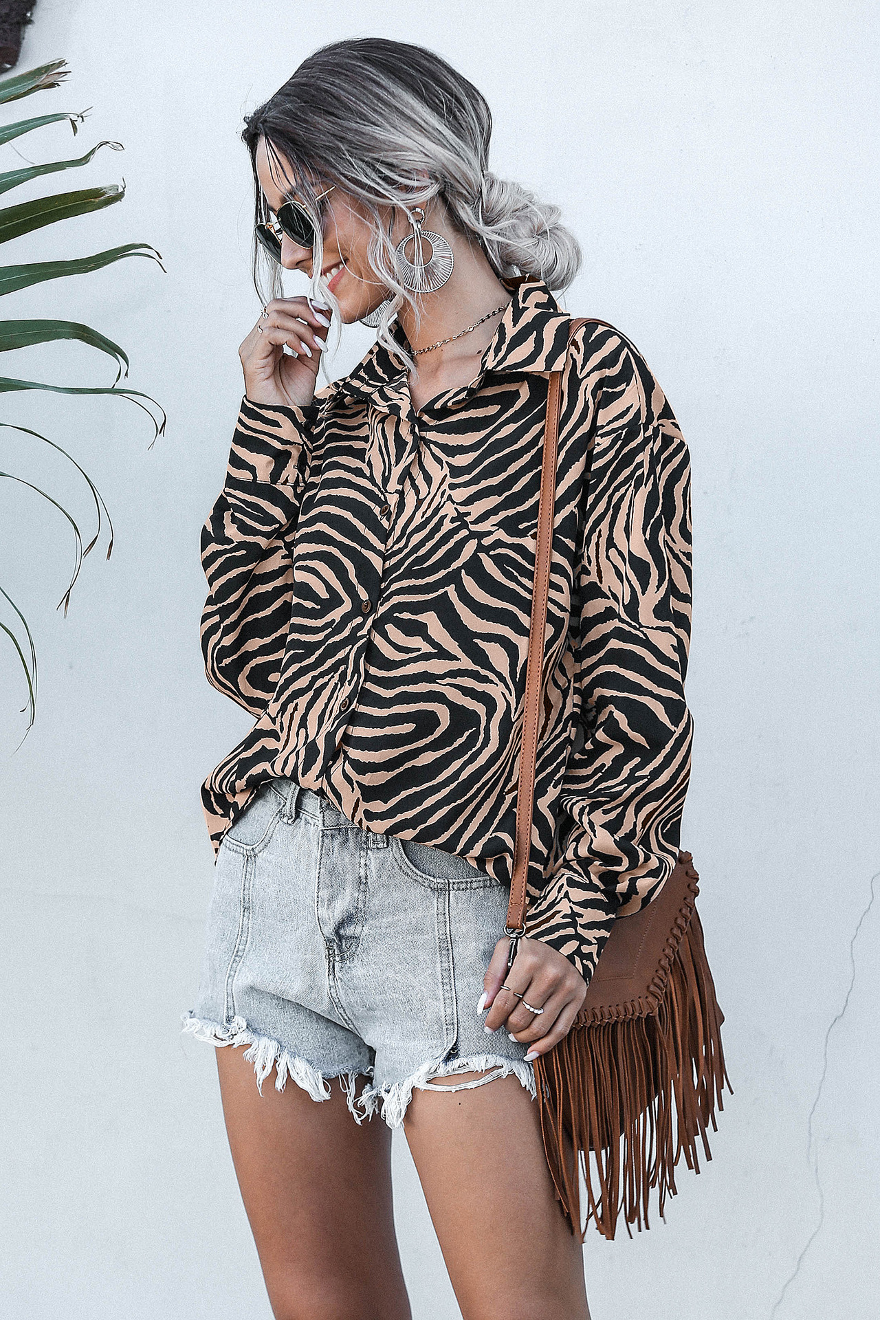 leopard print long sleeve loose chiffon shirt NSMY24587