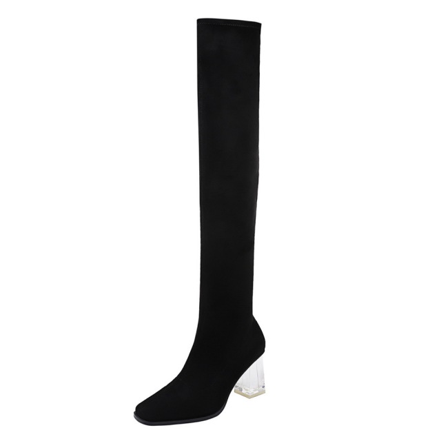 Korean fashion women’s boots transparent crystal high heel square suede sexy slim knee high boots