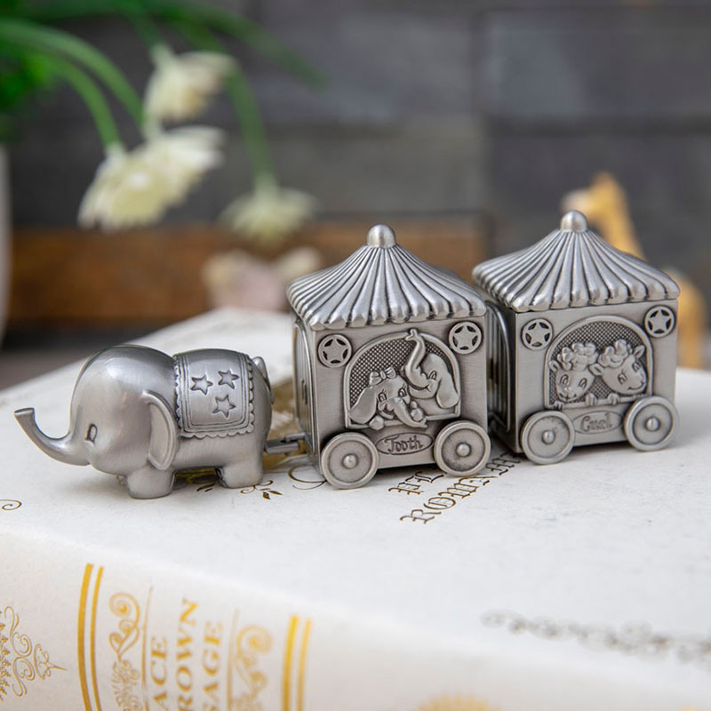 originality European style elephant Pull the car baby Deciduous box Retro exquisite Child Tooth Hair Collection boxes gift
