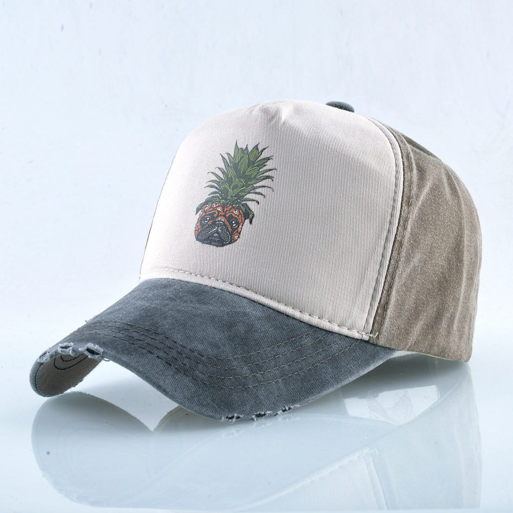 Cappellino da baseball in denim lavato con stampa ananas e cane, ideale per donna, primavera/estate, street dance, hip hop, coppia, taglia unica, regolabile, con becco d'anatra._voghion.com
