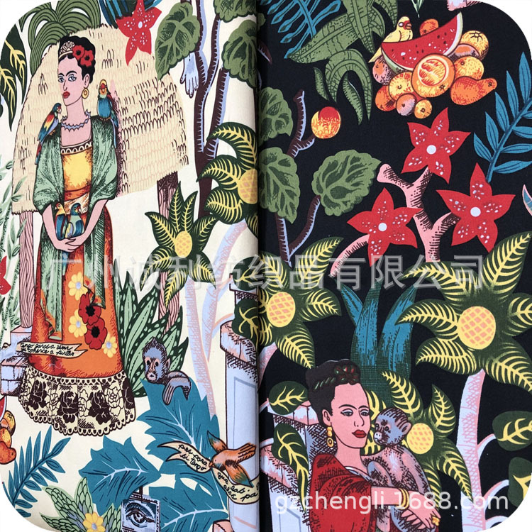 贡缎弹力植物印花面料  亚热带人物风格印花布  秋连衣裙动物印花