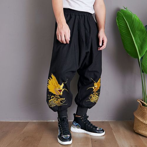 Chinese Kung fu Pants for men loose tai chi  dragon pants Chinese literary wind ramie embroidery slacks low crotch reap foot trousers