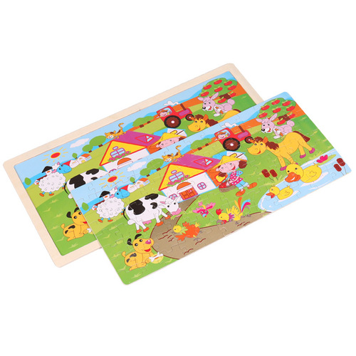 96-piece wooden puzzle with log frame, children's animal cartoon plane puzzle, early education and environmentally friendly wooden toys