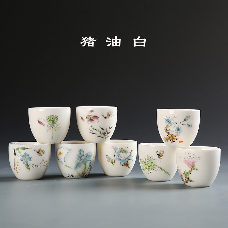 Lard white single cup Dehua White ceramics Kungfu Online tea set Tea cup Hand drawn tea set glass On behalf of For micro