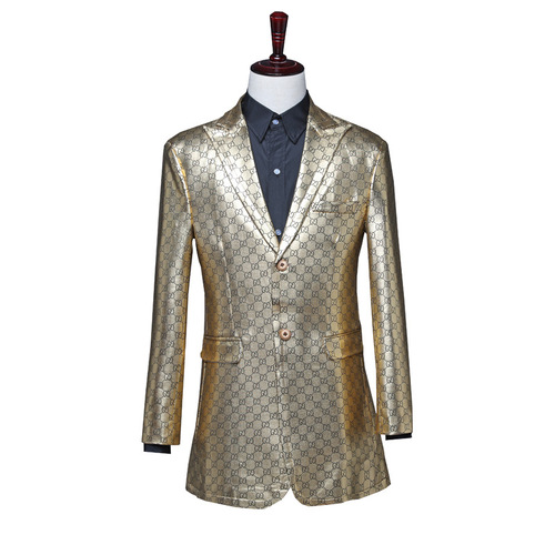 men's jazz dance suit blazers Men long clothes Pu champagne suit set singer stage piano performance nightclub bar DJ performance suit