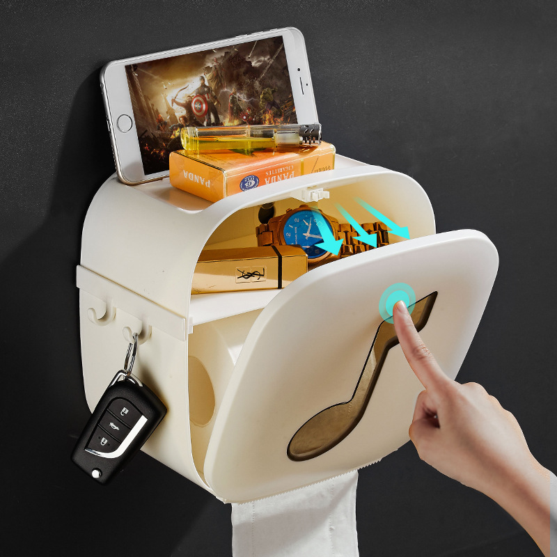 創意衛生間紙盒免打孔置物挂鈎多功能廁所衛生卷紙抽紙紙巾盒