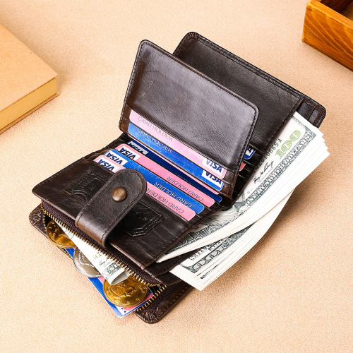 European and American cross-border Crazy Horse leather multifunctional men's wallet Genuine leather RFID buckle casual retro short wallet