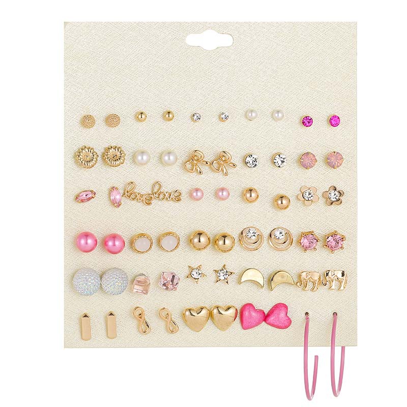 Pink Love Cute 30 Pairs Stud Earring Set Golden Moon Earrings Ornaments display picture 6