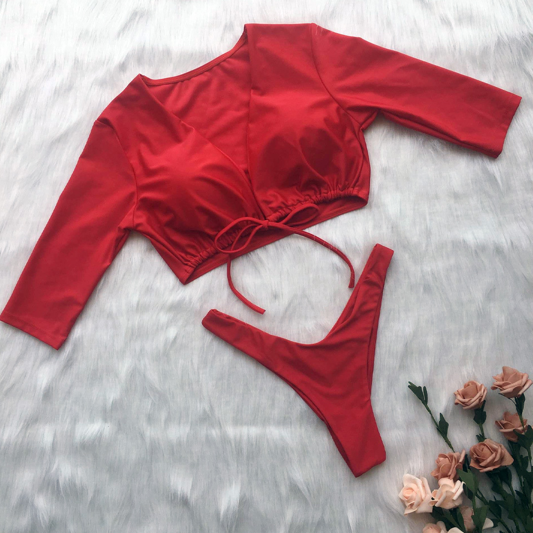 Lace-Up Decor Long Sleeve Thong Bikini Swimsuit Set NSZO46305