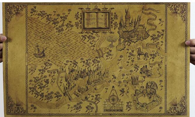 哈利波特魔法世界手绘地图 活点霍格沃茨牛皮纸复古海报装饰画|ru